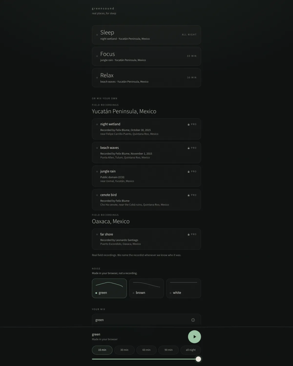 GreenSound ambient sound mixer interface