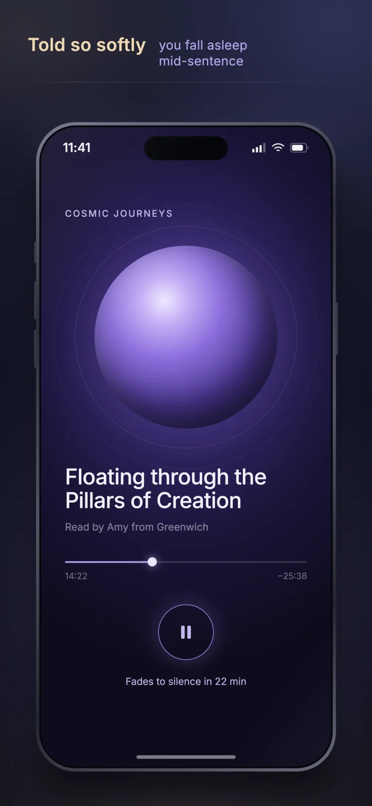Lullable now-playing screen with a softly glowing violet sphere
