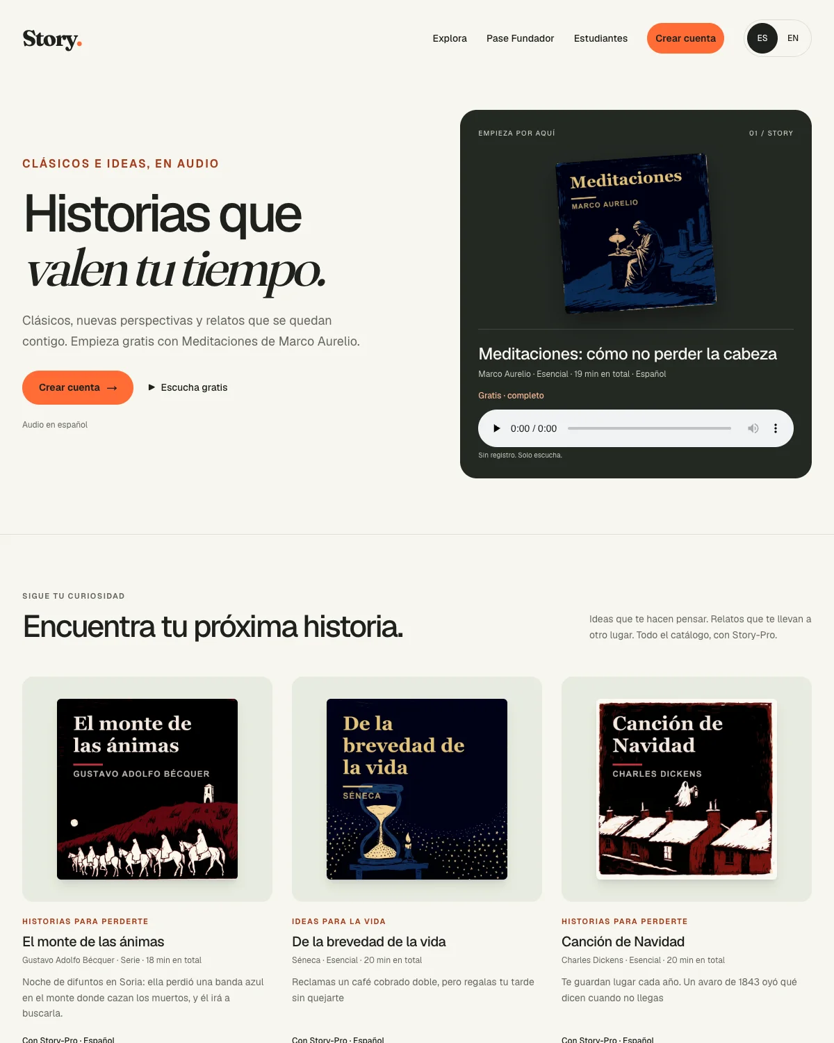 Story homepage featuring Spanish-language classics and a free Meditations audio player