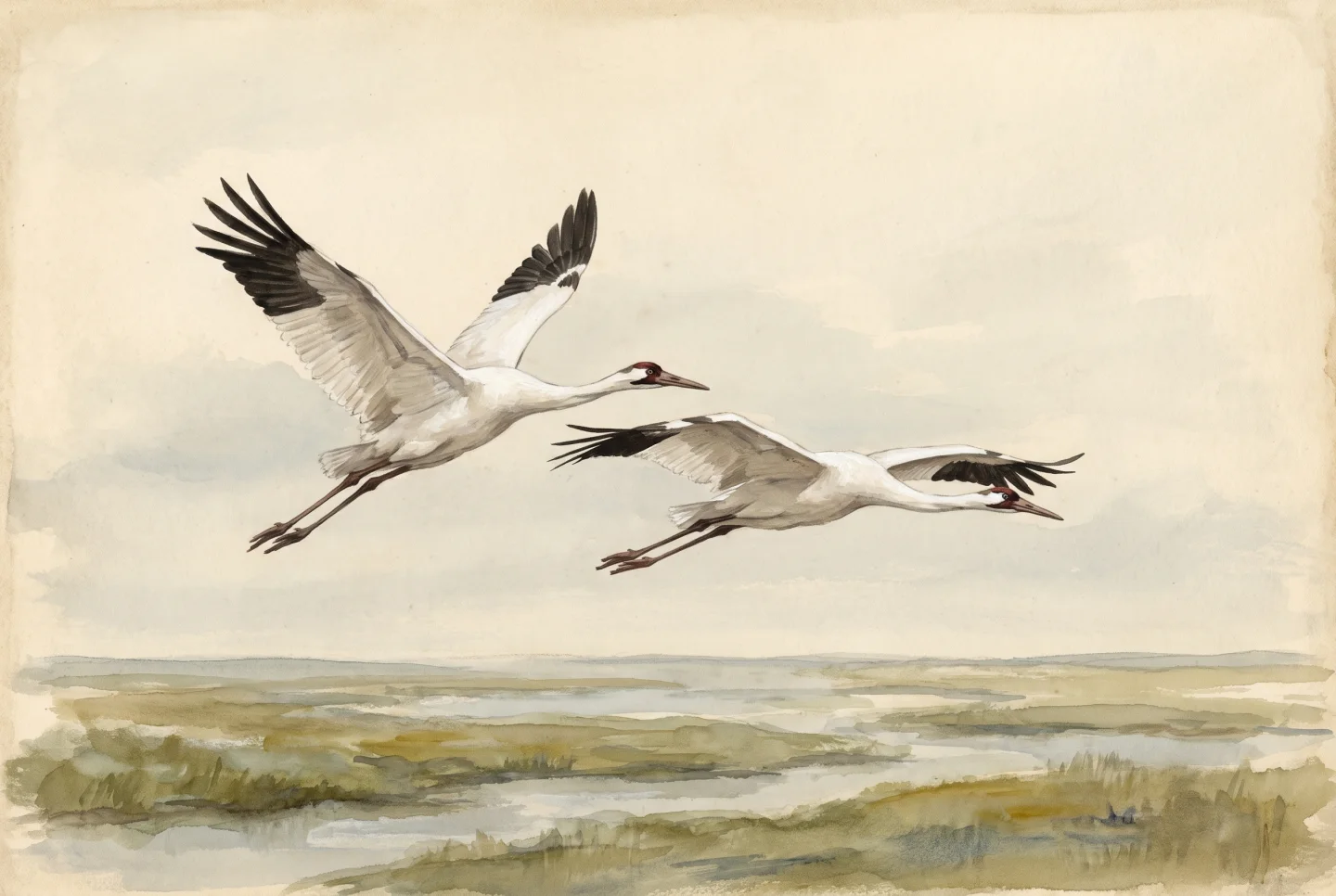 Watercolor illustration of two endangered whooping cranes in flight